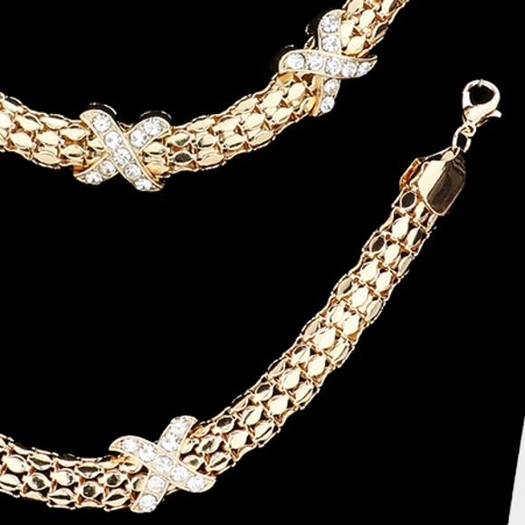 Gold 3 Piece X Crossed Crystal Necklace Jewelry Set Rhinestone Statement Chain - Picture 4 of 5